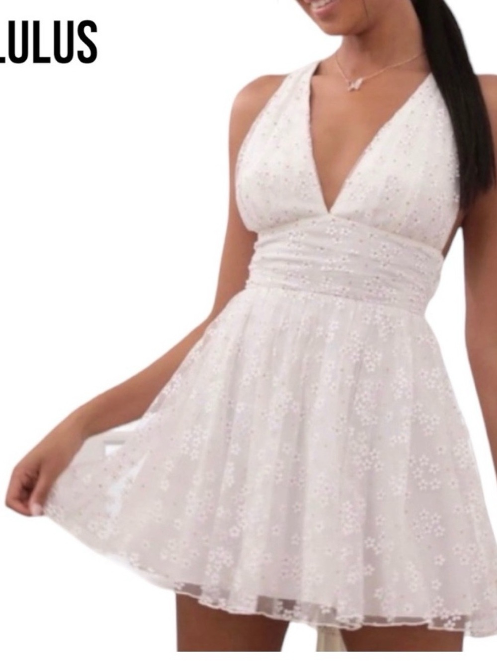 Lulus ivory/Shiny gold tulle daisy overlay twist back skater dress size Large